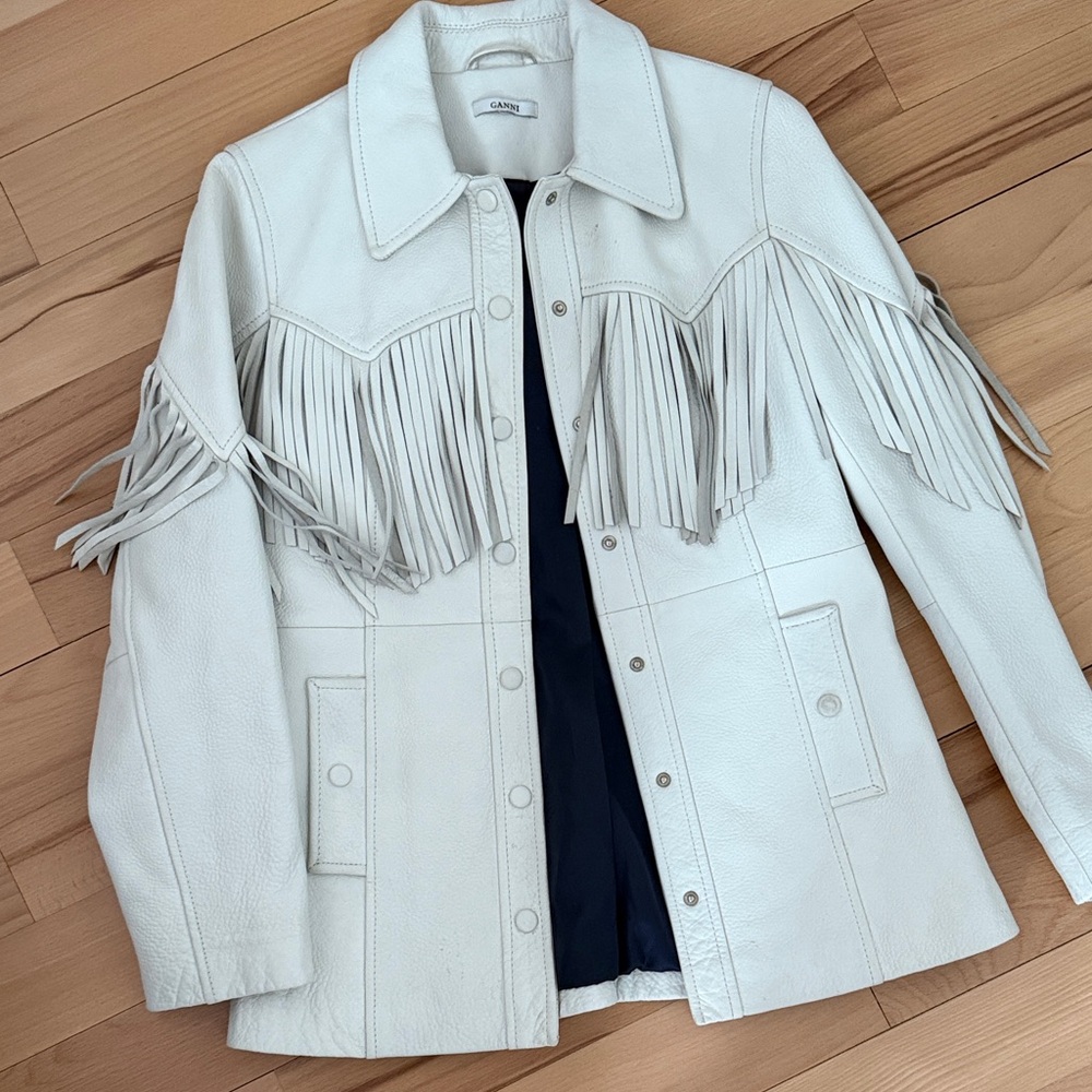 GANNI White Fringe Leather Jacket